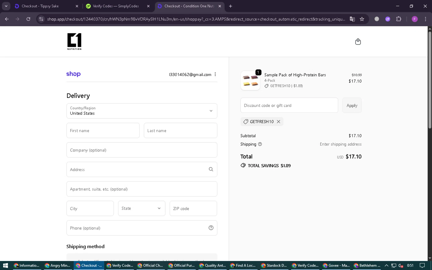 Condition One discount code screenshot showing code GETFRESH10 applied at Condition One checkout page. Uploaded by SimplyCodes community member CleverSpotter6431 on Oct 7, 2025