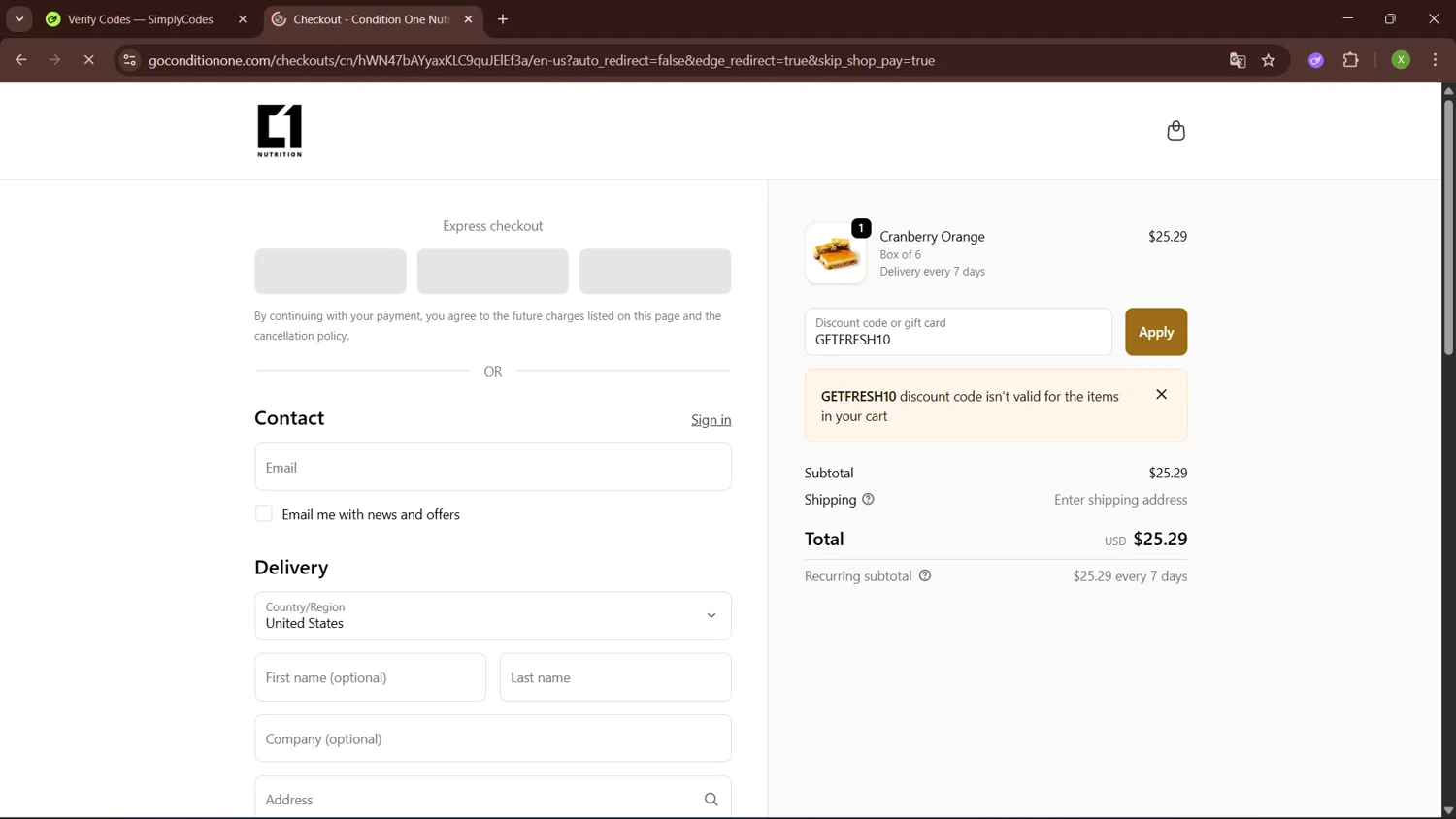Condition One discount code screenshot showing code GETFRESH10 applied at Condition One checkout page. Uploaded by SimplyCodes community member SaleTiger1087 on Oct 14, 2025