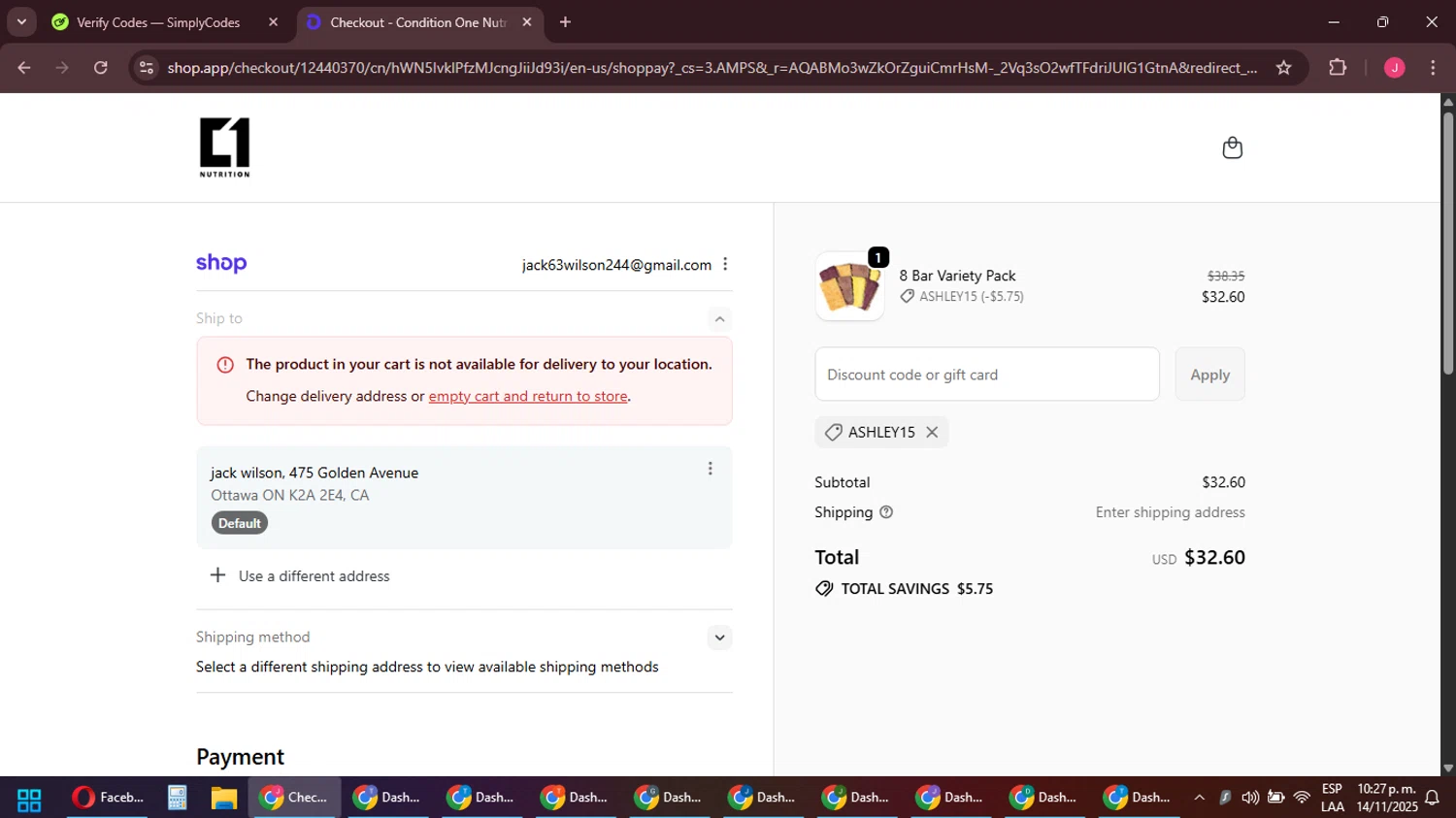 Condition One discount code screenshot showing code ASHLEY15 applied at Condition One checkout page. Uploaded by SimplyCodes community member JackWilson63 on Nov 15, 2025