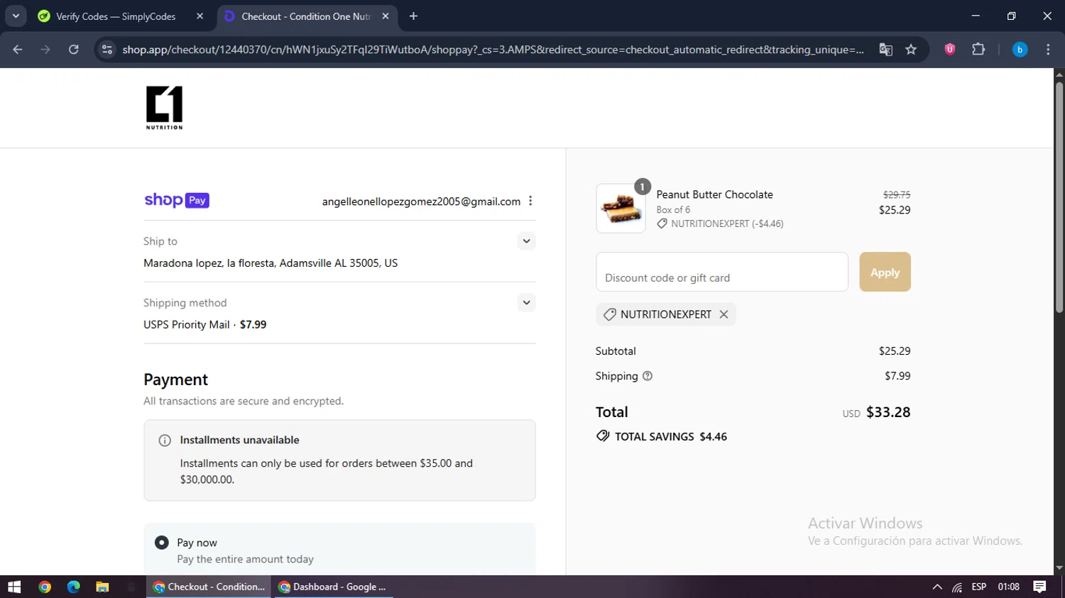 Condition One discount code screenshot showing code NUTRITIONEXPERT applied at Condition One checkout page. Uploaded by SimplyCodes community member bilijr on Aug 13, 2025
