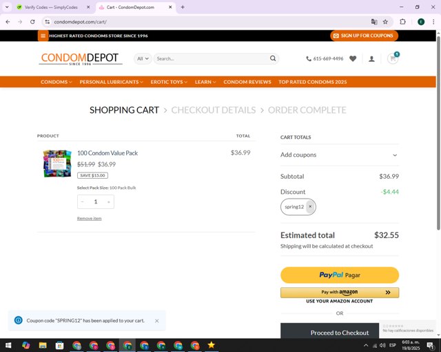 Condom Depot checkout page showing Condom Depot promo code box | Screenshot taken by SimplyCodes community member on Aug 19, 2025