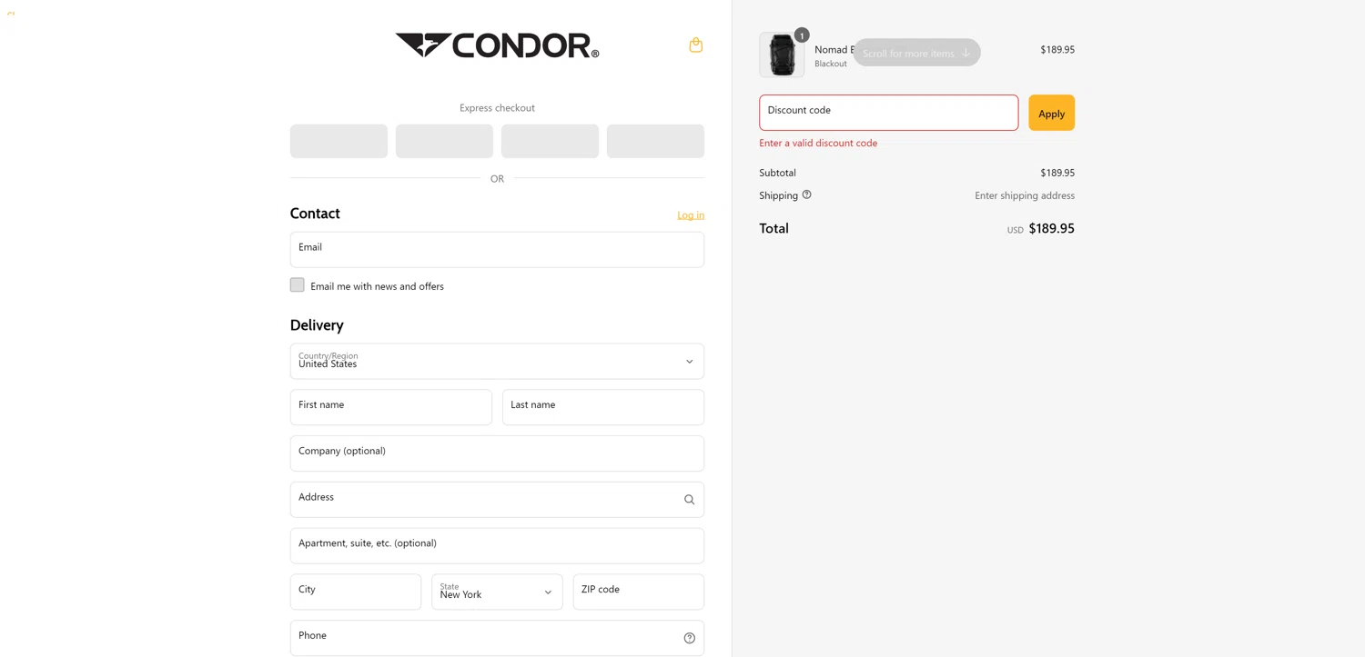 Condor Outdoor discount code screenshot showing code HEROES15 applied at Condor Outdoor checkout page. Uploaded by SimplyCodes community member PennyRanger8219 on Apr 28, 2025