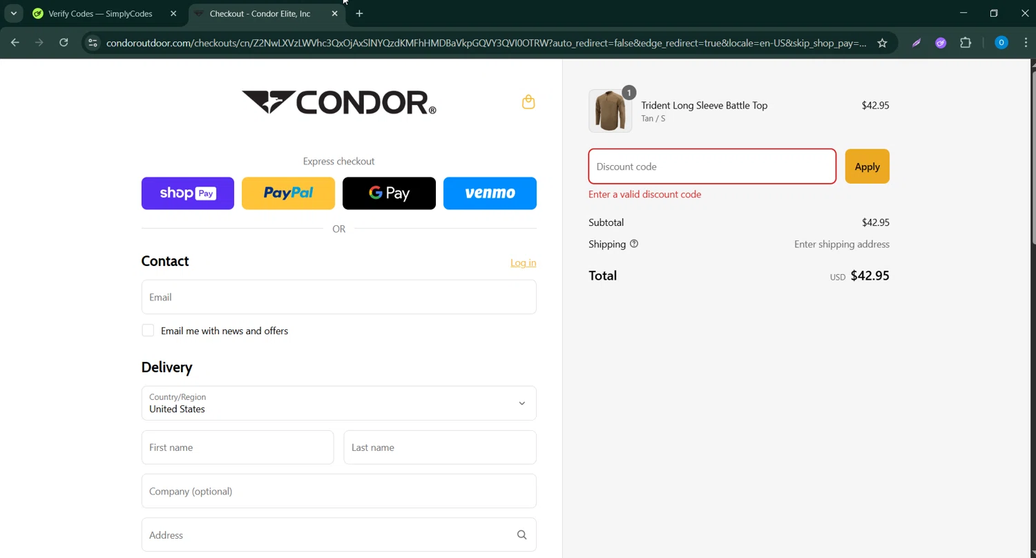 Condor Outdoor discount code screenshot showing code HEROES15 applied at Condor Outdoor checkout page. Uploaded by SimplyCodes community member CodeScholar4340 on Apr 28, 2025