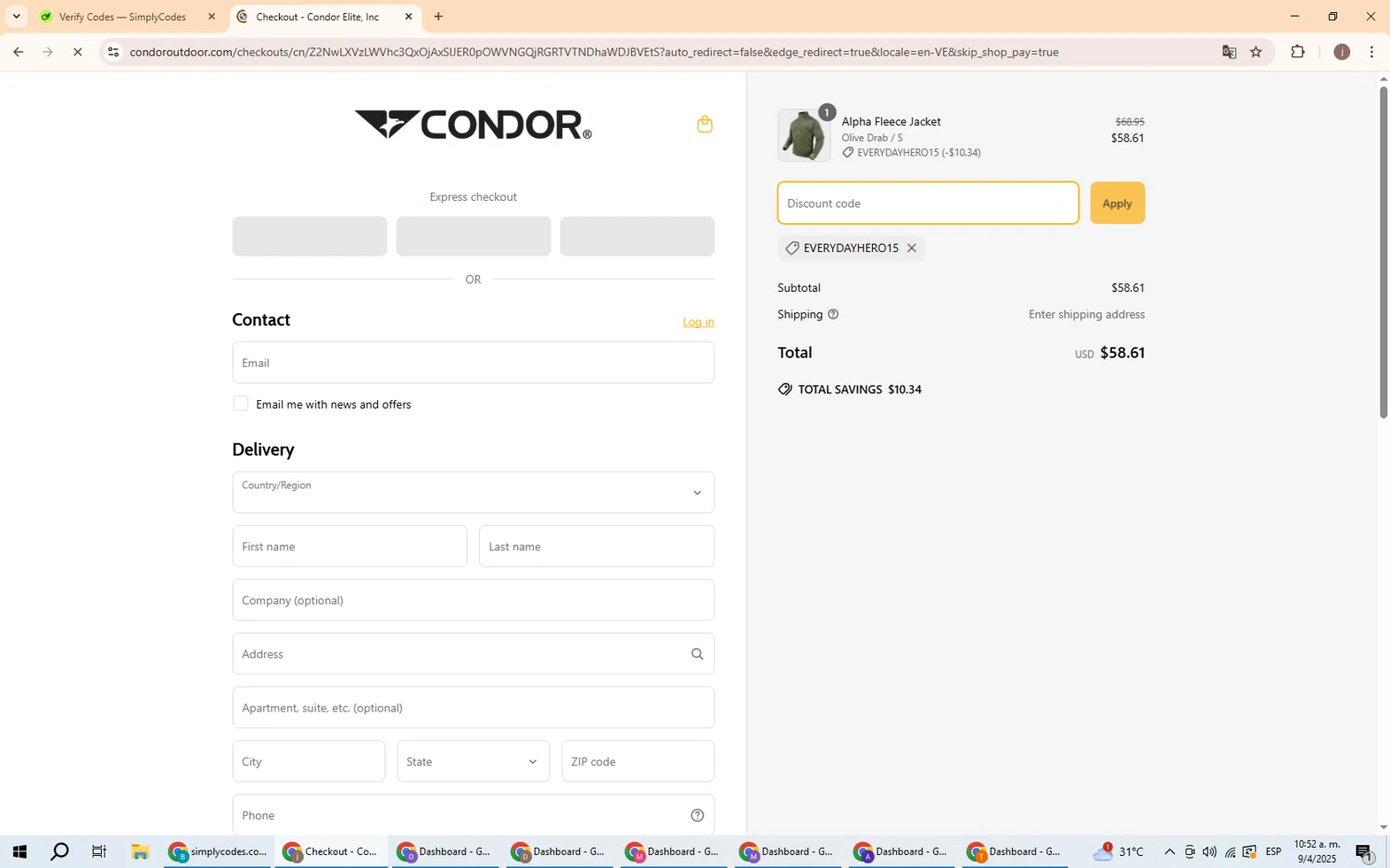 Condor Outdoor discount code screenshot showing code EVERYDAYHERO15 applied at Condor Outdoor checkout page. Uploaded by SimplyCodes community member GoldChaser6000 on Apr 9, 2025
