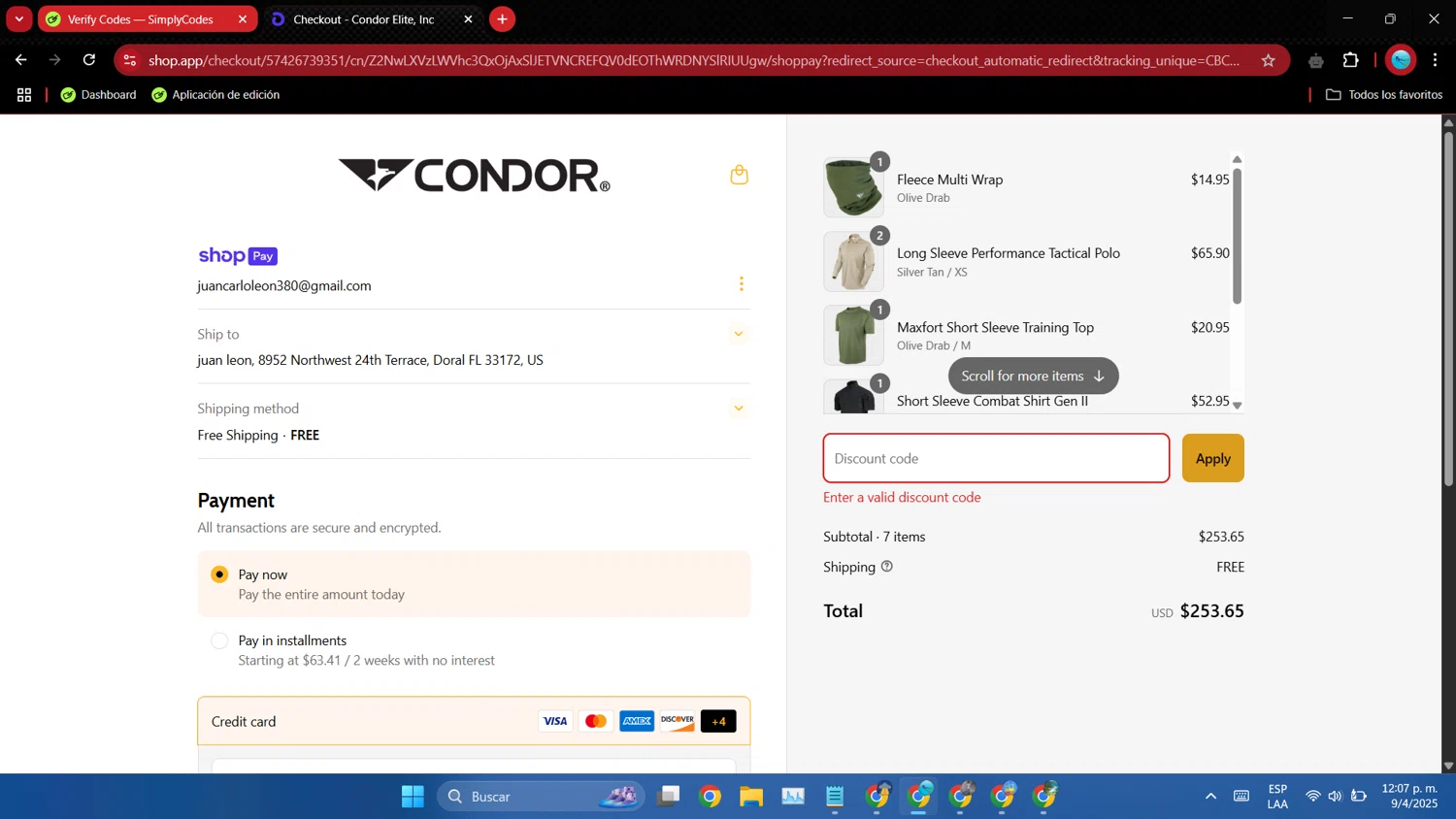 Condor Outdoor discount code screenshot showing code 1strespond applied at Condor Outdoor checkout page. Uploaded by SimplyCodes community member VoucherMaverick3143 on Apr 9, 2025