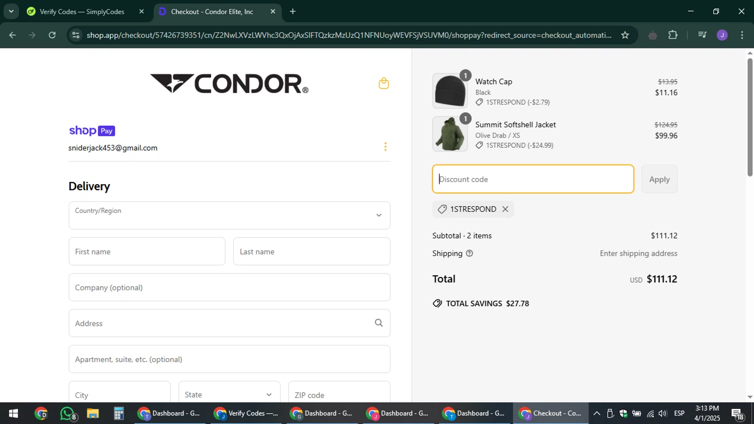 Condor Outdoor discount code screenshot showing code 1strespond applied at Condor Outdoor checkout page. Uploaded by SimplyCodes community member sniderjack453 on Apr 1, 2025