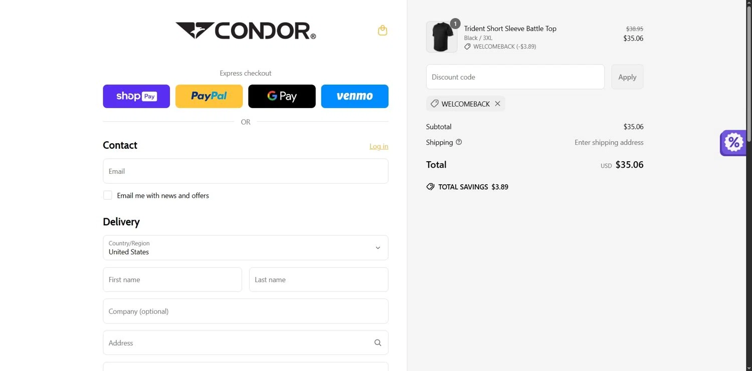 Condor Outdoor discount code screenshot showing code WELCOMEBACK applied at Condor Outdoor checkout page. Uploaded by SimplyCodes community member Depressive on May 2, 2025