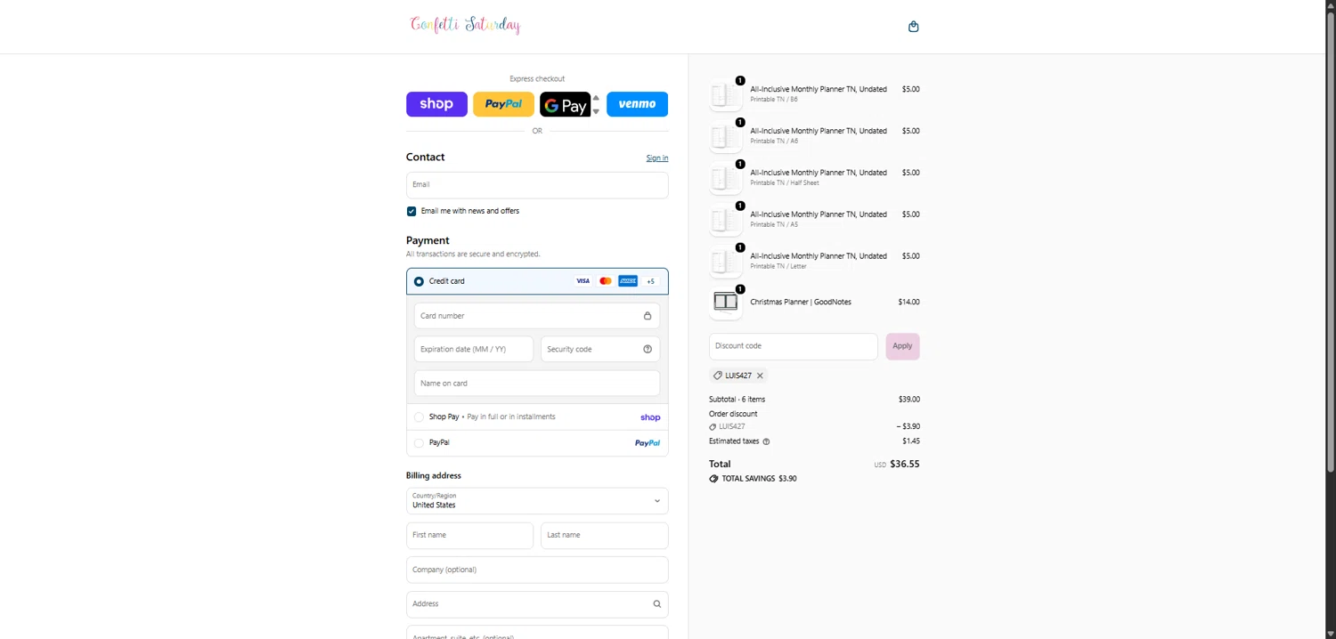 Confetti Saturday promo code screenshot showing code LUIS427 applied at Confetti Saturday checkout page. Uploaded by SimplyCodes community member EpicLegend237 on Feb 18, 2026