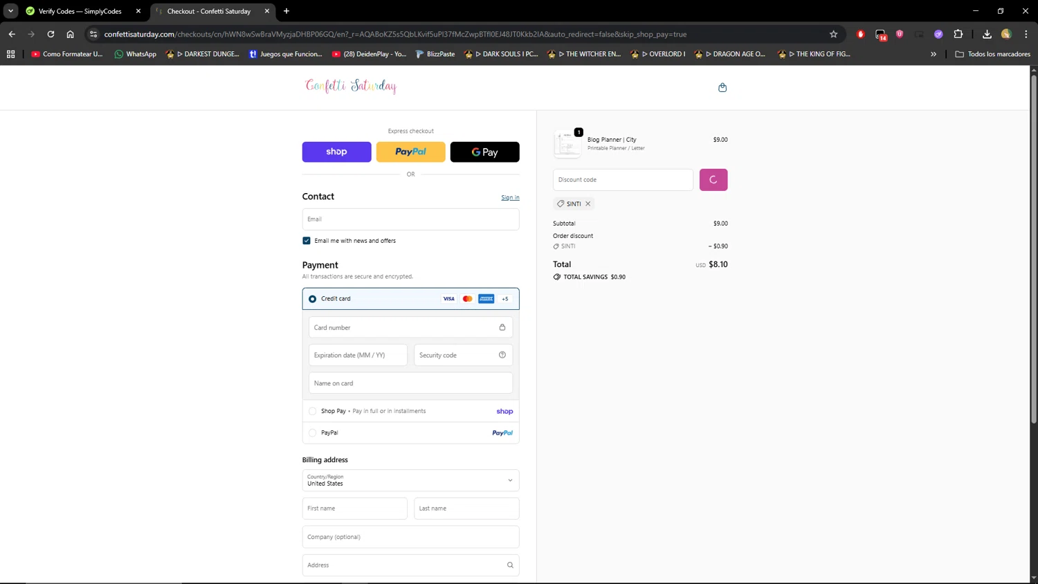 Confetti Saturday promo code screenshot showing code SINTI applied at Confetti Saturday checkout page. Uploaded by SimplyCodes community member MiauMiau on Feb 18, 2026