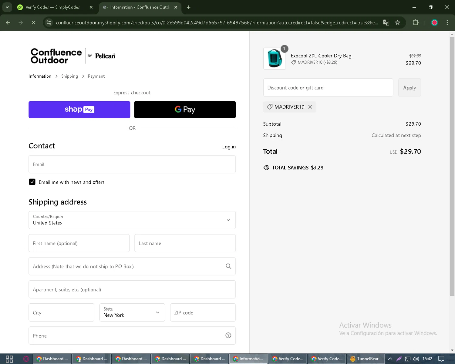 Confluence Outdoor discount code screenshot showing code MADRIVER10 applied at Confluence Outdoor checkout page. Uploaded by SimplyCodes community member Michael_Brown on Feb 11, 2025