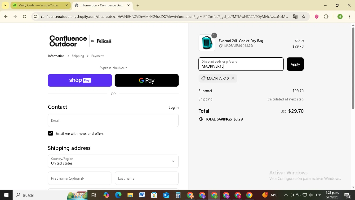 Confluence Outdoor discount code screenshot showing code MADRIVER10 applied at Confluence Outdoor checkout page. Uploaded by SimplyCodes community member SavingsSentinel833 on Jul 5, 2025