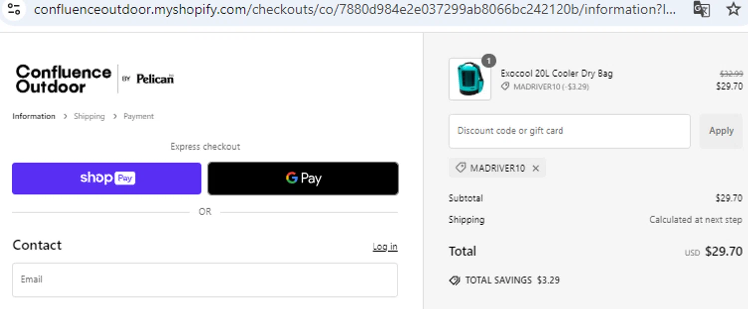 Confluence Outdoor discount code screenshot showing code MADRIVER10 applied at Confluence Outdoor checkout page. Uploaded by SimplyCodes community member WiseAce8490 on Jan 11, 2025