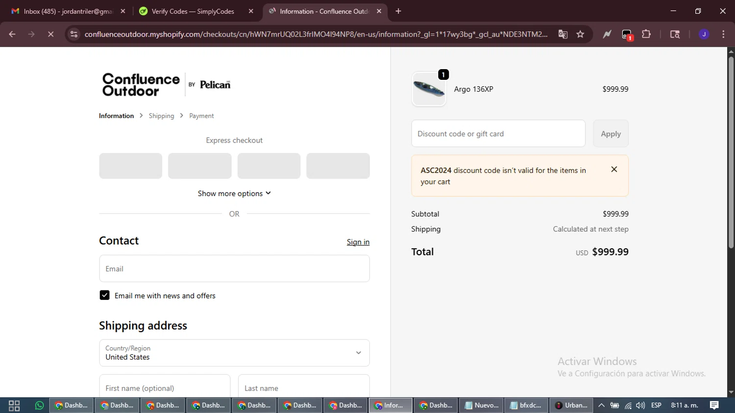 Confluence Outdoor checkout page showing Confluence Outdoor discount code box | Screenshot taken by SimplyCodes community member on Jan 19, 2026