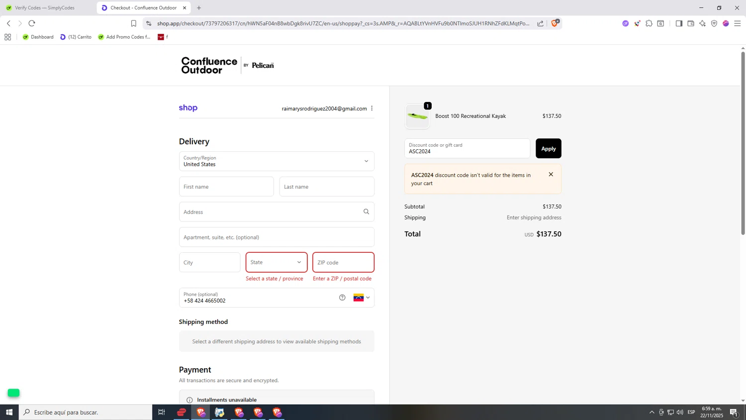 Confluence Outdoor discount code screenshot showing code ASC2024 applied at Confluence Outdoor checkout page. Uploaded by SimplyCodes community member Nezukooo on Nov 22, 2025