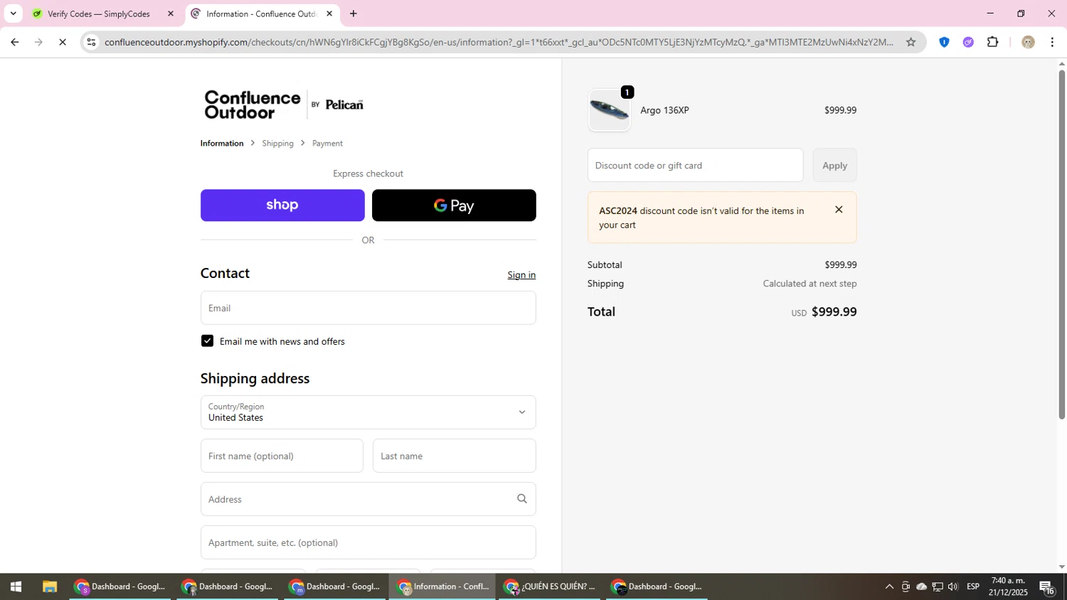 Confluence Outdoor discount code screenshot showing code ASC2024 applied at Confluence Outdoor checkout page. Uploaded by SimplyCodes community member NobleScholar4826 on Dec 21, 2025
