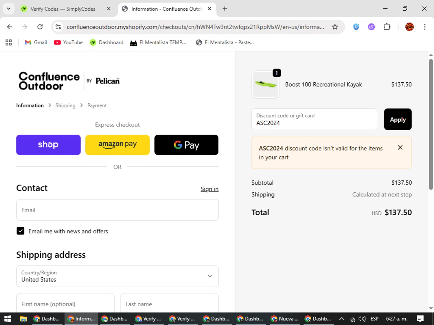 Confluence Outdoor discount code screenshot showing code ASC2024 applied at Confluence Outdoor checkout page. Uploaded by SimplyCodes community member Rodolfo on Oct 24, 2025
