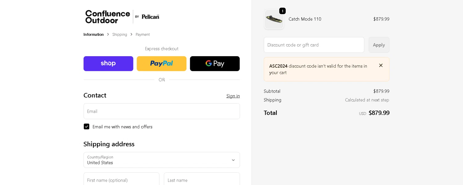 Confluence Outdoor checkout page showing Confluence Outdoor discount code box | Screenshot taken by SimplyCodes community member on Feb 17, 2026