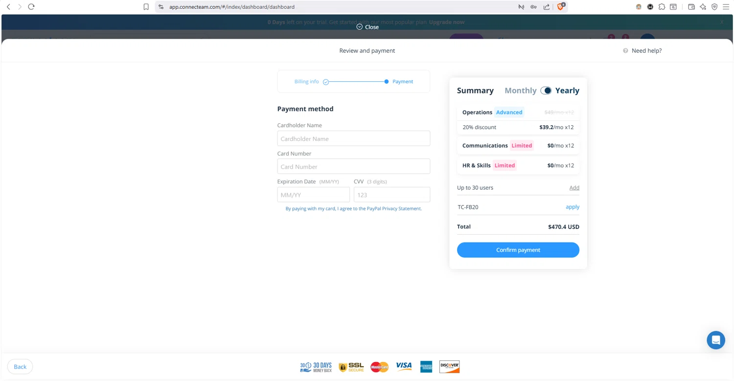Connecteam checkout page showing Connecteam coupon code box | Screenshot taken by SimplyCodes community member on Jan 27, 2026