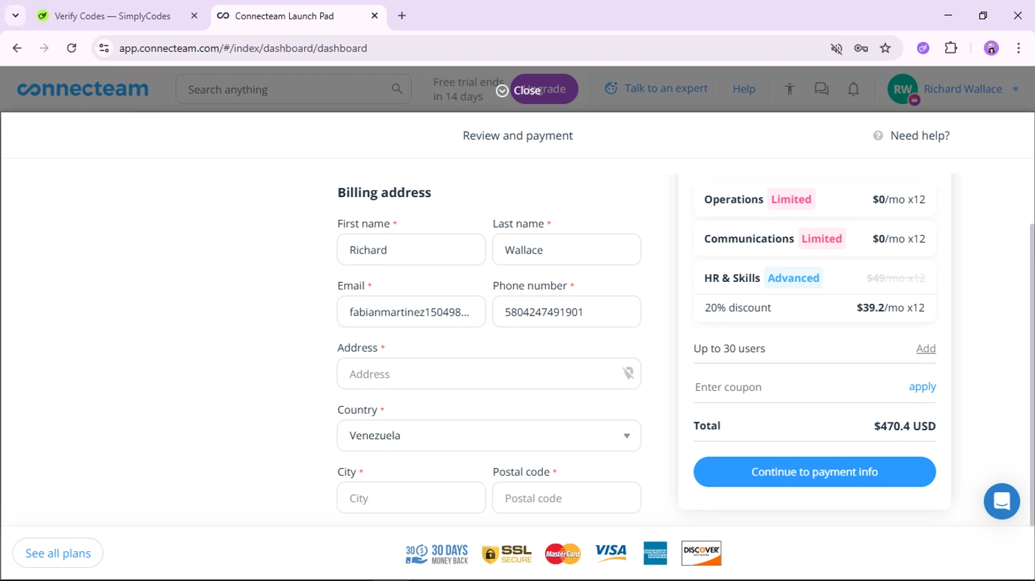 Connecteam coupon code screenshot showing code TC-CLEAN20 applied at Connecteam checkout page. Uploaded by SimplyCodes community member jamesscott on Dec 6, 2025