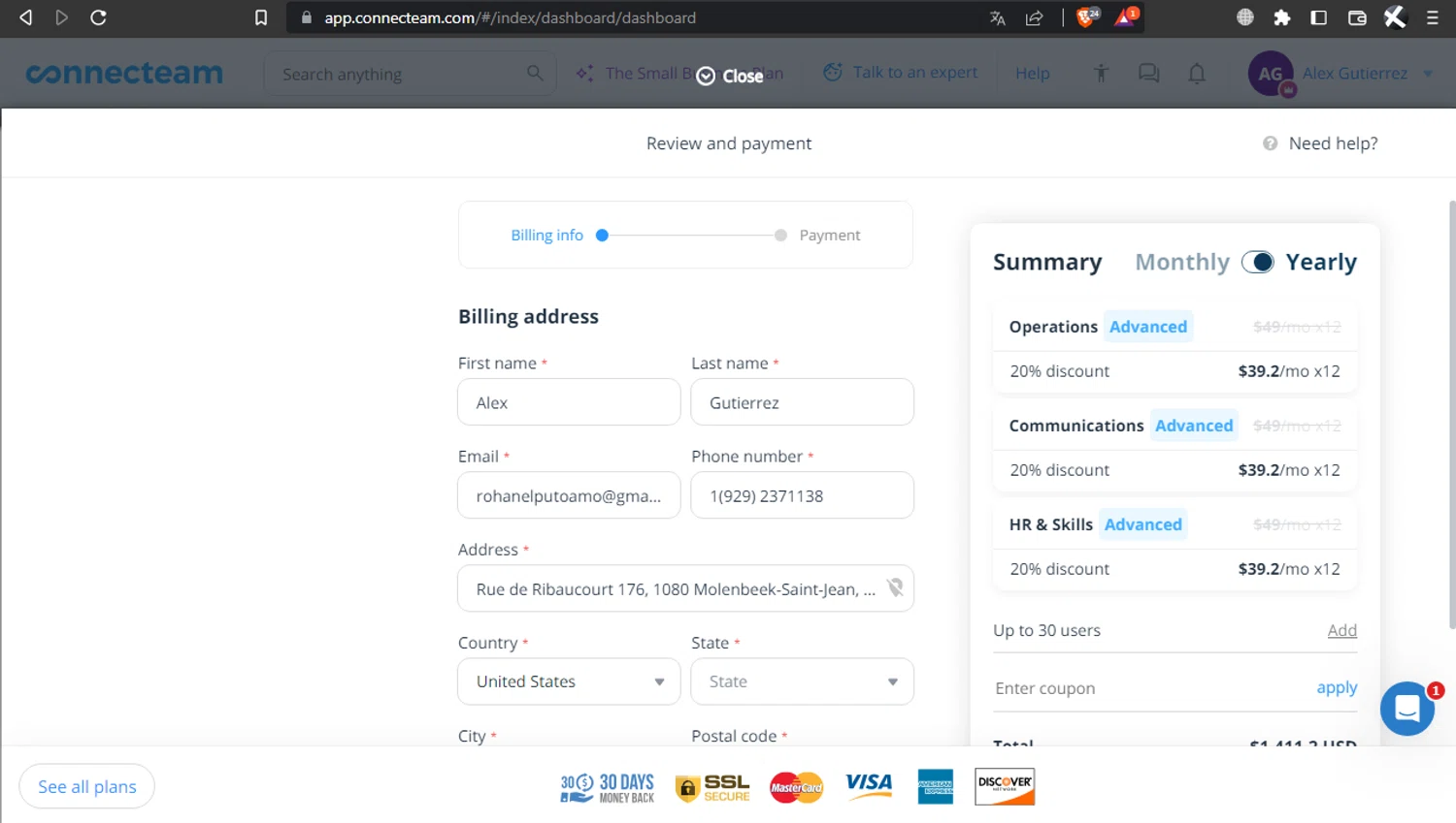 Connecteam coupon code screenshot showing code TC-CLEAN20 applied at Connecteam checkout page. Uploaded by SimplyCodes community member l2994552451687 on Jan 23, 2026