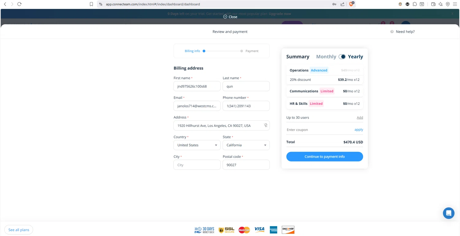 Connecteam checkout page showing Connecteam coupon code box | Screenshot taken by SimplyCodes community member on Jan 27, 2026