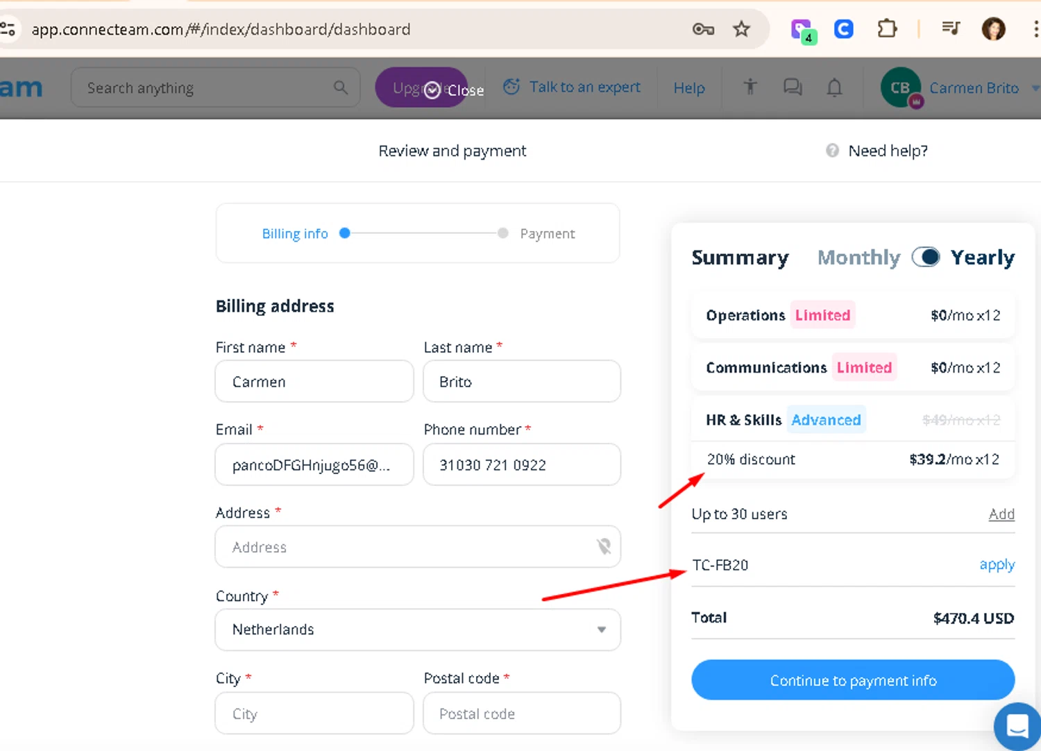 Connecteam coupon code screenshot showing code TC-FB20 applied at Connecteam checkout page. Uploaded by SimplyCodes community member AMANDA2681 on Nov 28, 2025