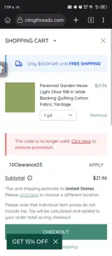 10Clearance25 coupon verification screenshot