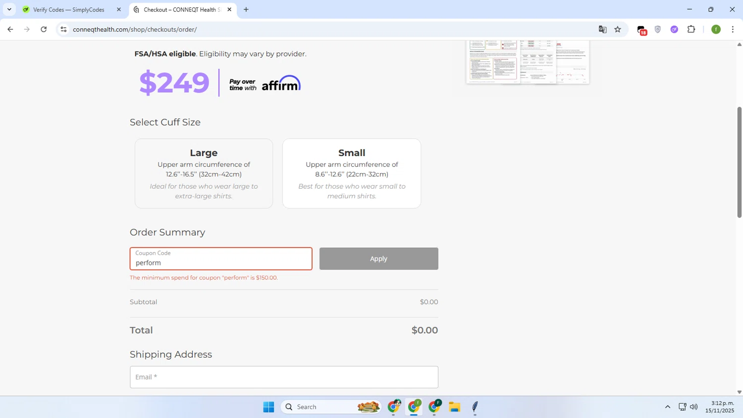 CONNEQT Health promo code screenshot showing code perform applied at CONNEQT Health checkout page. Uploaded by SimplyCodes community member Irelia on Nov 15, 2025