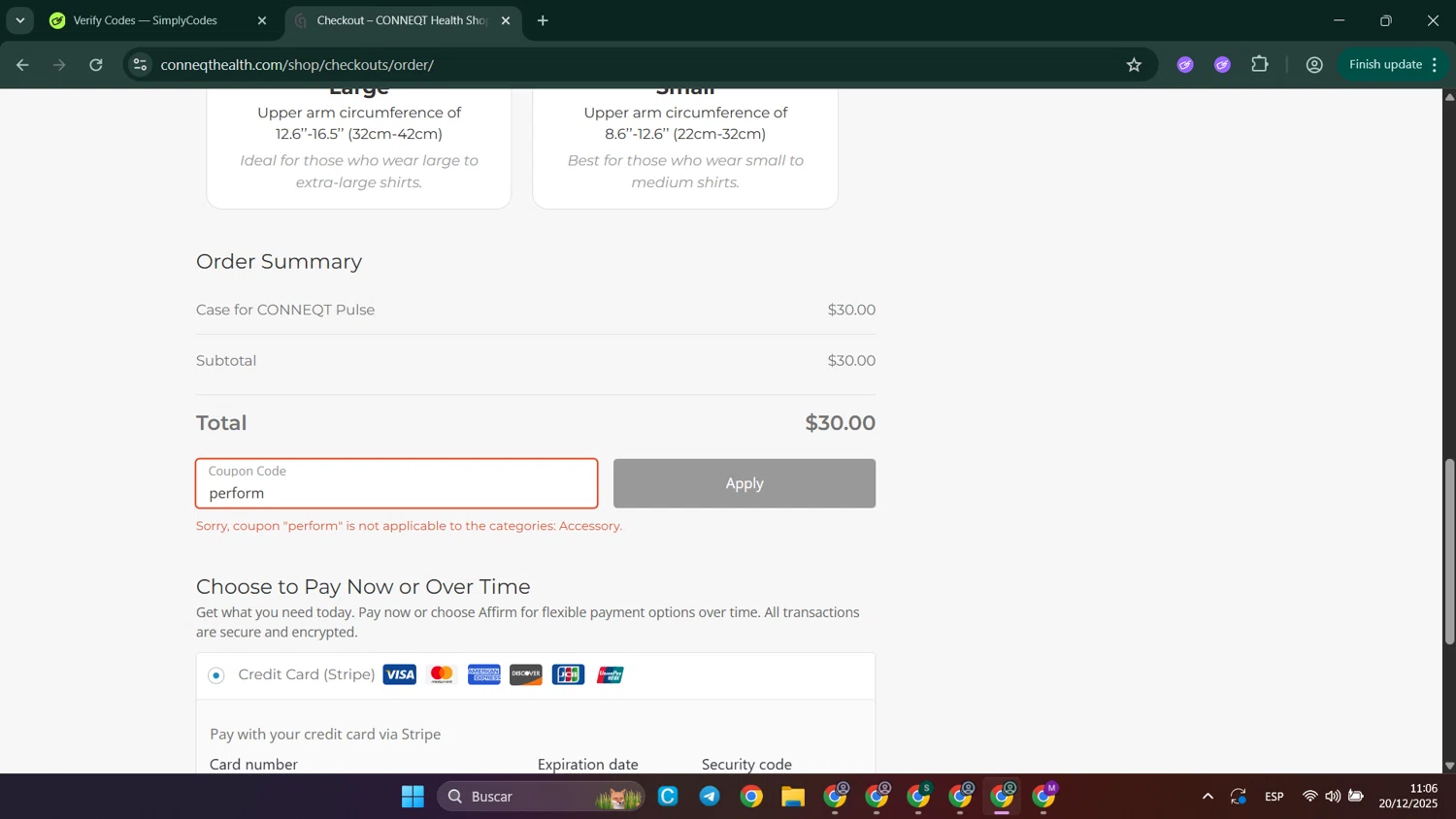 CONNEQT Health promo code screenshot showing code perform applied at CONNEQT Health checkout page. Uploaded by SimplyCodes community member LuckyElite8069 on Dec 20, 2025