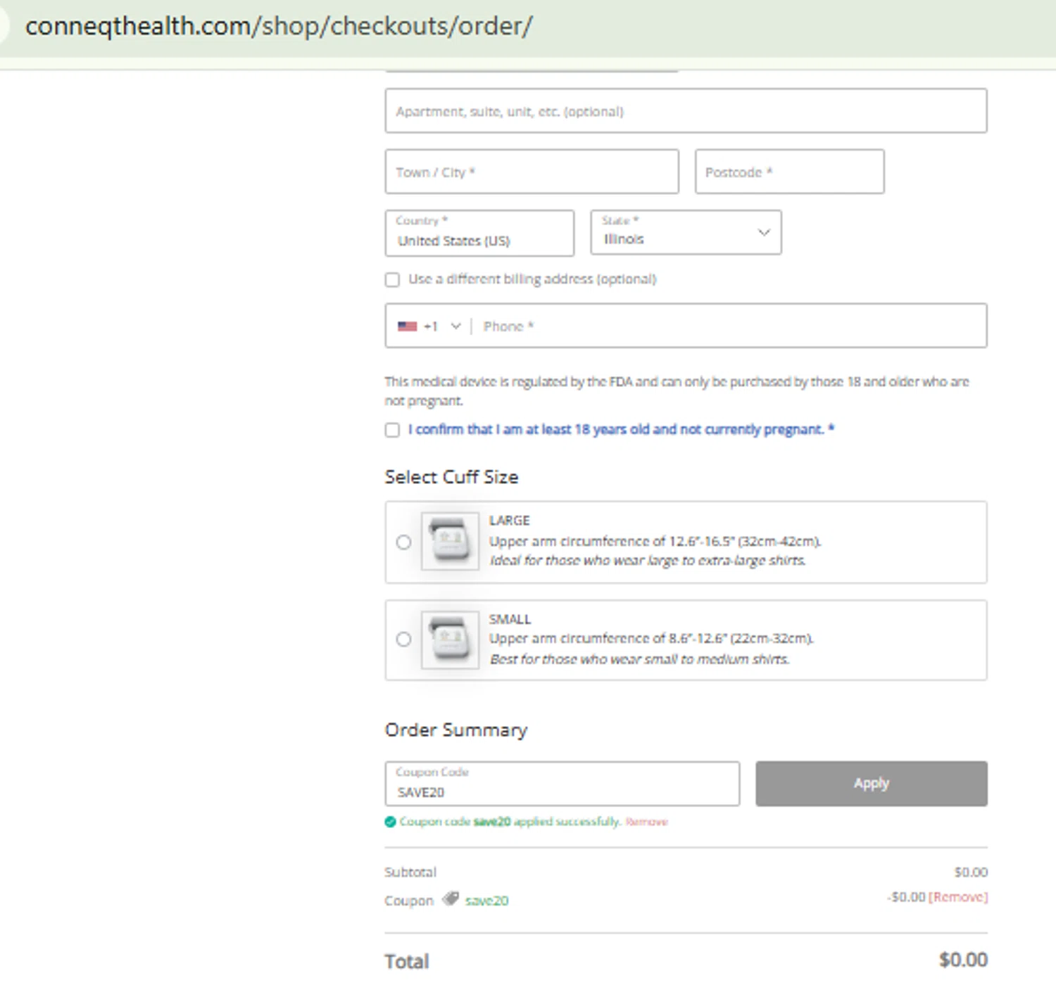 CONNEQT Health promo code screenshot showing code SAVE20 applied at CONNEQT Health checkout page. Uploaded by SimplyCodes community member CashMaestro9337 on Aug 26, 2025