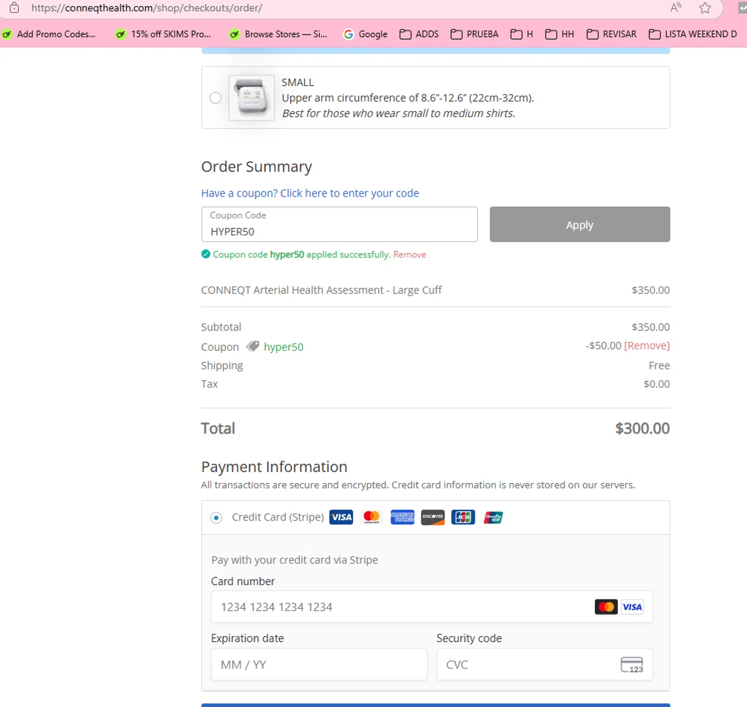 CONNEQT Health promo code screenshot showing code HYPER50 applied at CONNEQT Health checkout page. Uploaded by SimplyCodes community member aumentadax10 on May 16, 2025