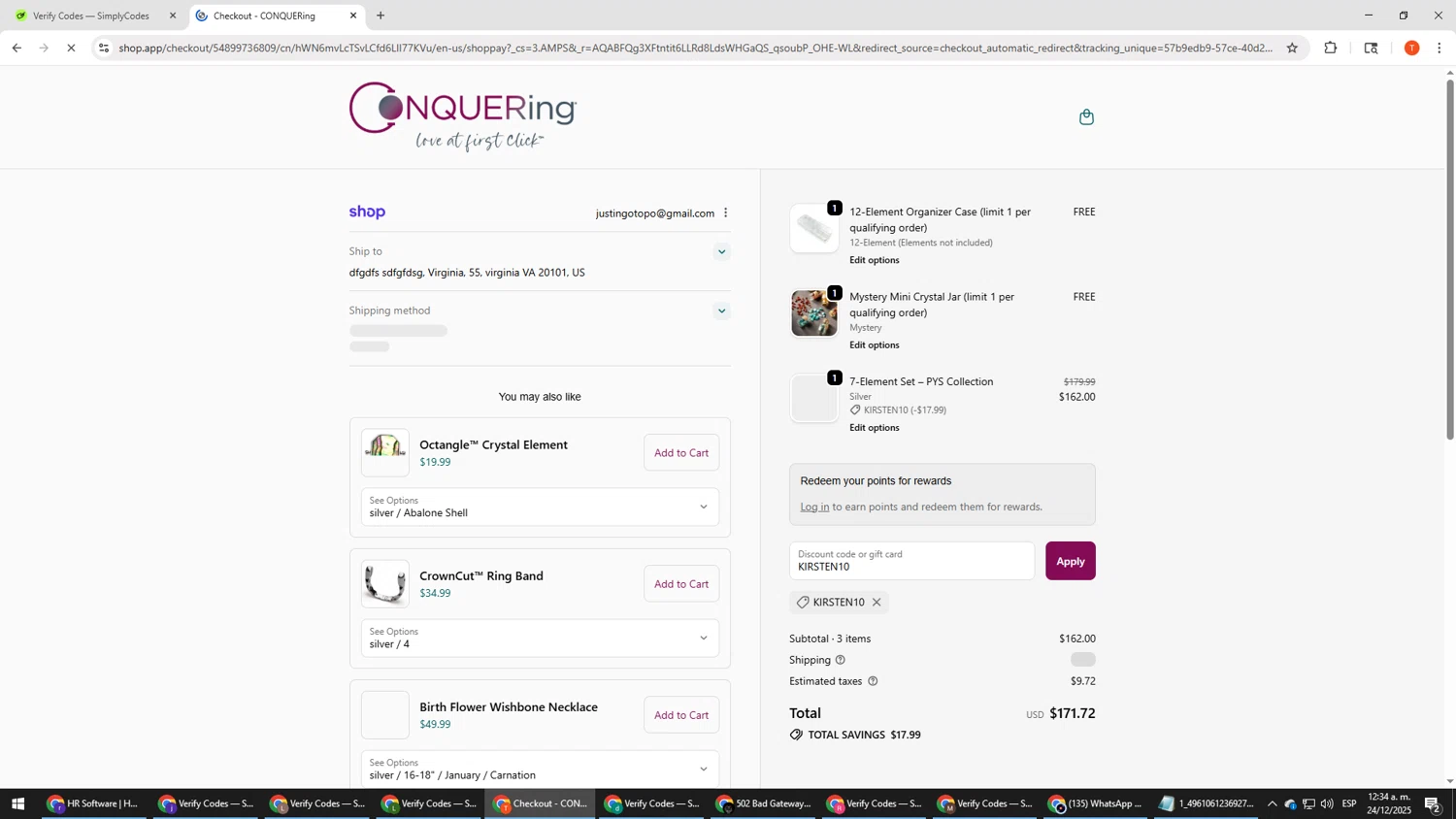 CONQUERing discount code screenshot showing code KIRSTEN10 applied at CONQUERing checkout page. Uploaded by SimplyCodes community member HHHHHHH on Dec 24, 2025