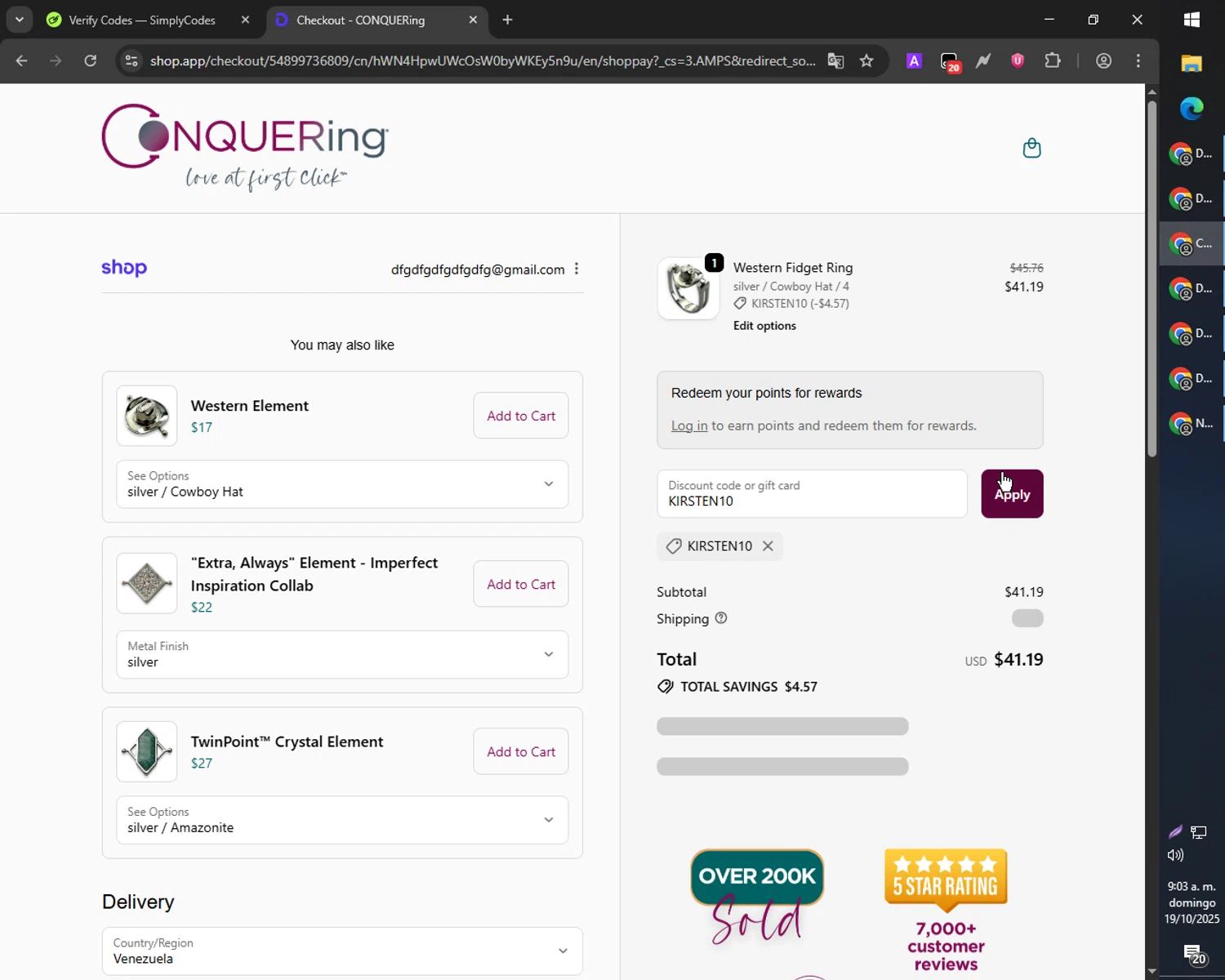 CONQUERing discount code screenshot showing code KIRSTEN10 applied at CONQUERing checkout page. Uploaded by SimplyCodes community member MoneyPilot9165 on Oct 19, 2025
