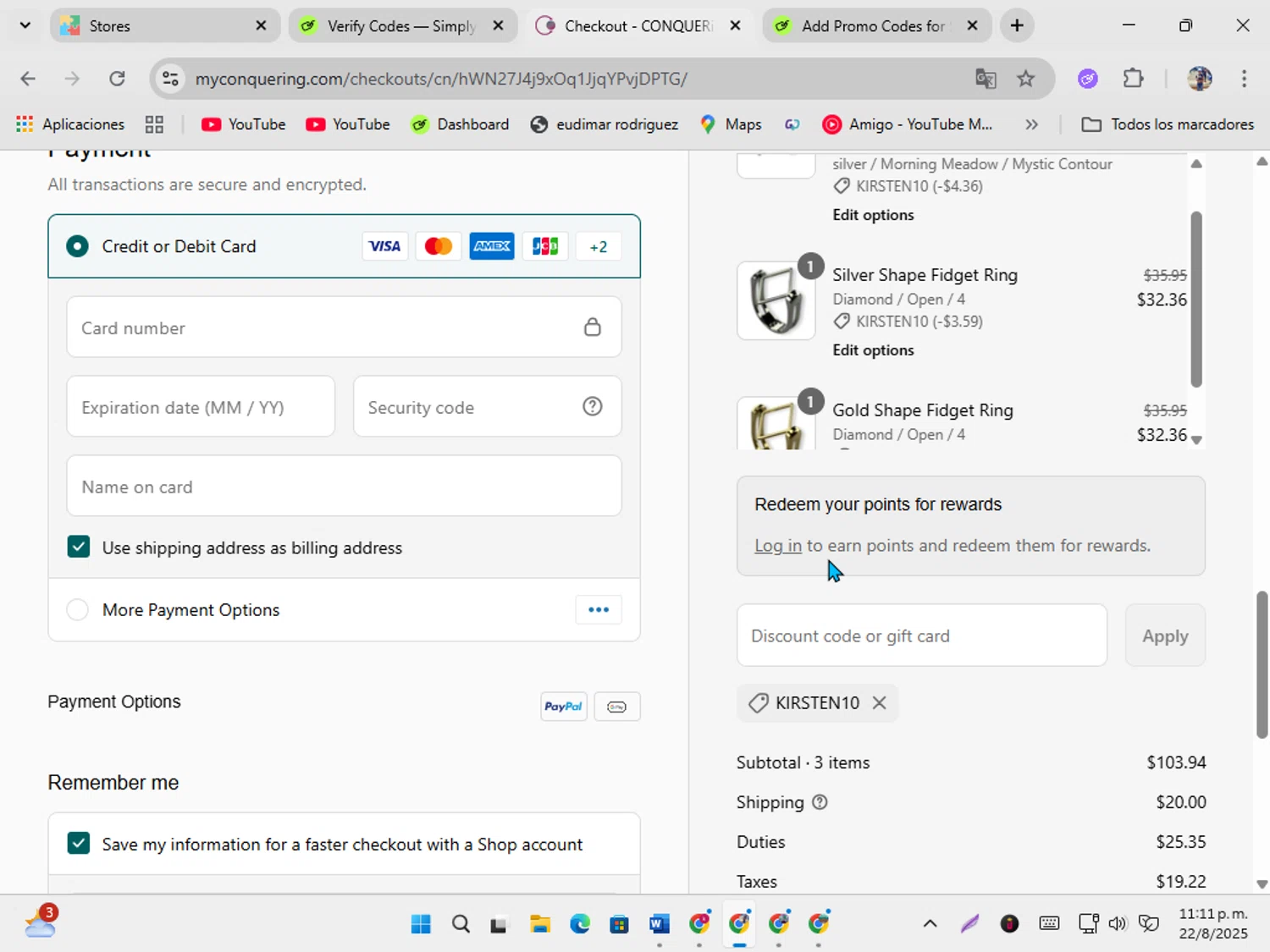 CONQUERing discount code screenshot showing code KIRSTEN10 applied at CONQUERing checkout page. Uploaded by SimplyCodes community member ShrewdSeeker5445 on Aug 23, 2025