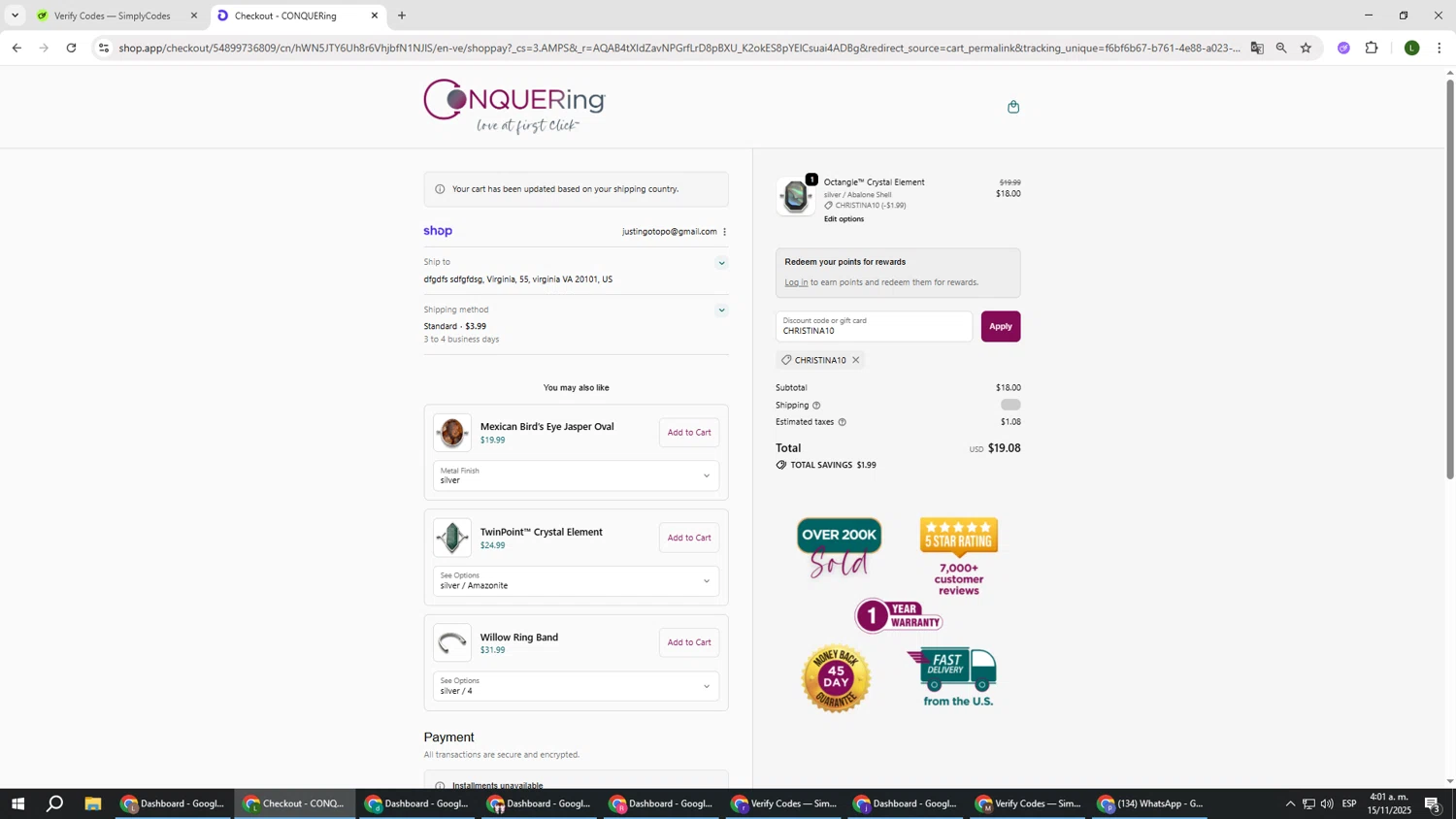 CONQUERing discount code screenshot showing code CHRISTINA10 applied at CONQUERing checkout page. Uploaded by SimplyCodes community member DUCATI on Nov 15, 2025