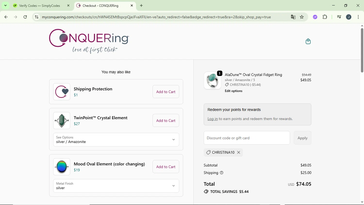 CONQUERing discount code screenshot showing code CHRISTINA10 applied at CONQUERing checkout page. Uploaded by SimplyCodes community member GloriousCollector9930 on Oct 23, 2025