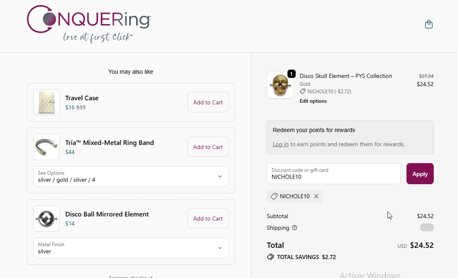 CONQUERing discount code screenshot showing code NICHOLE10 applied at CONQUERing checkout page. Uploaded by SimplyCodes community member BudgetGuardian5712 on Nov 30, 2025