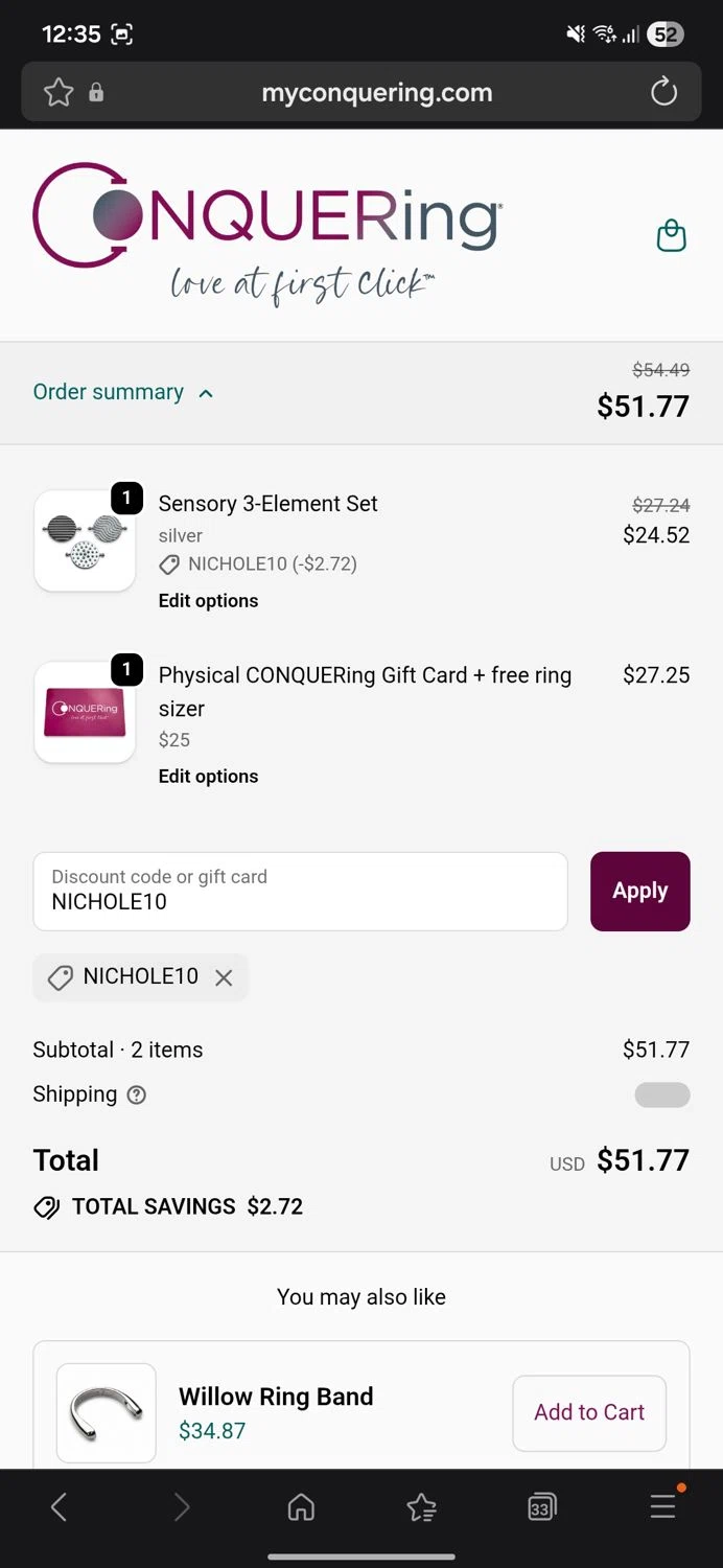 CONQUERing discount code screenshot showing code NICHOLE10 applied at CONQUERing checkout page. Uploaded by SimplyCodes community member Carbon132 on Dec 24, 2025