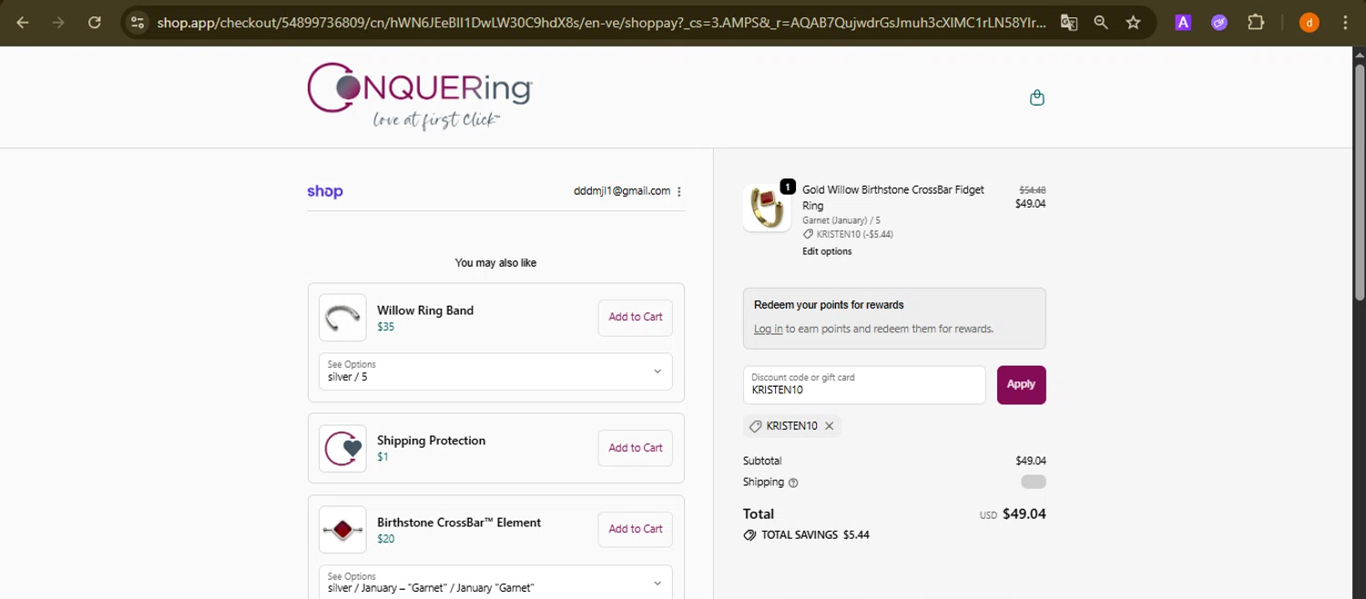 CONQUERing discount code screenshot showing code KRISTEN10 applied at CONQUERing checkout page. Uploaded by SimplyCodes community member PennyAdmiral6960 on Dec 11, 2025