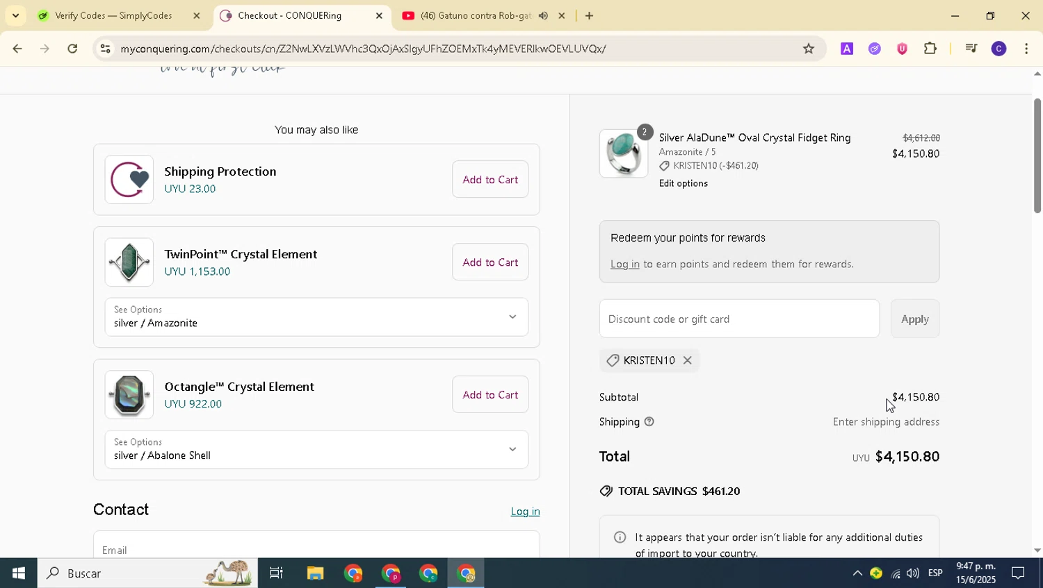 CONQUERing discount code screenshot showing code KRISTEN10 applied at CONQUERing checkout page. Uploaded by SimplyCodes community member alexanderarnold on Jun 16, 2025