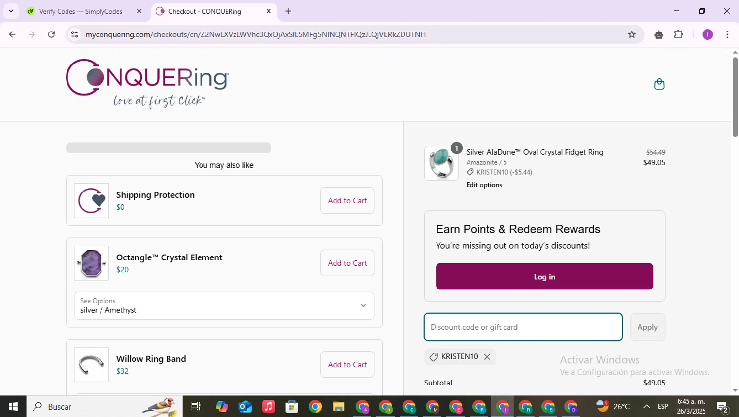 CONQUERing discount code screenshot showing code KRISTEN10 applied at CONQUERing checkout page. Uploaded by SimplyCodes community member RebateAce6764 on Mar 26, 2025