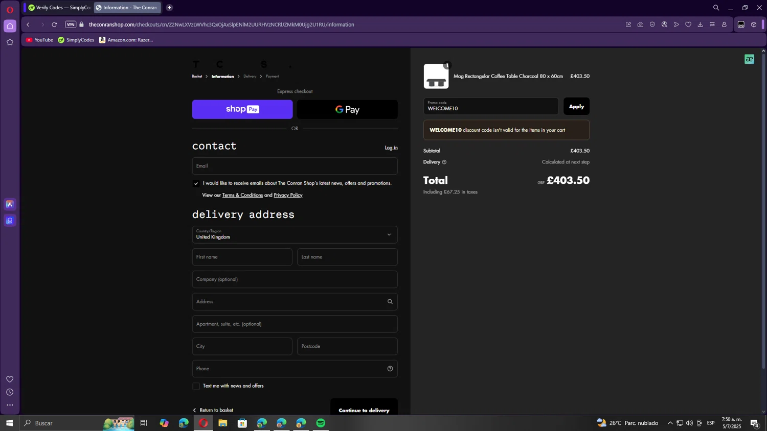 Conran Shop promo code screenshot showing code WELCOME10 applied at Conran Shop checkout page. Uploaded by SimplyCodes community member Gojira on Jul 5, 2025