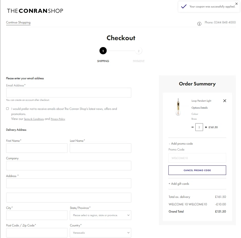 Conran Shop checkout page showing Conran Shop promo code box | Screenshot taken by SimplyCodes community member on Jun 20, 2023