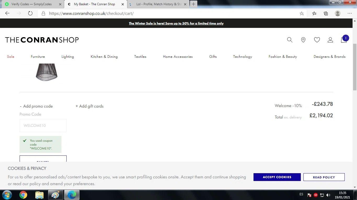 Conran Shop checkout page showing Conran Shop promo code box | Screenshot taken by SimplyCodes community member on Jan 19, 2021