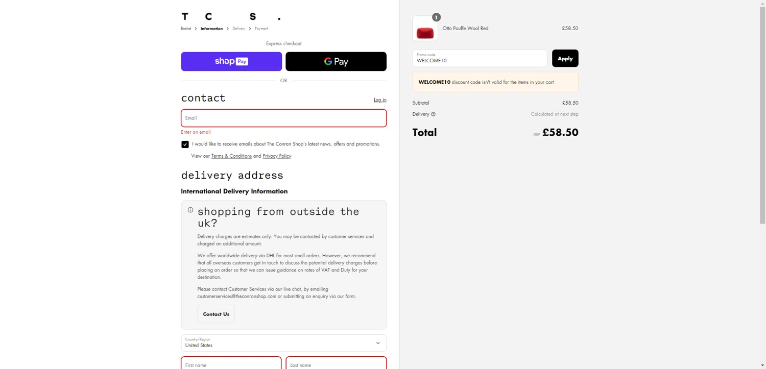 Conran Shop promo code screenshot showing code WELCOME10 applied at Conran Shop checkout page. Uploaded by SimplyCodes community member VictoriousFinder4393 on Jul 5, 2025