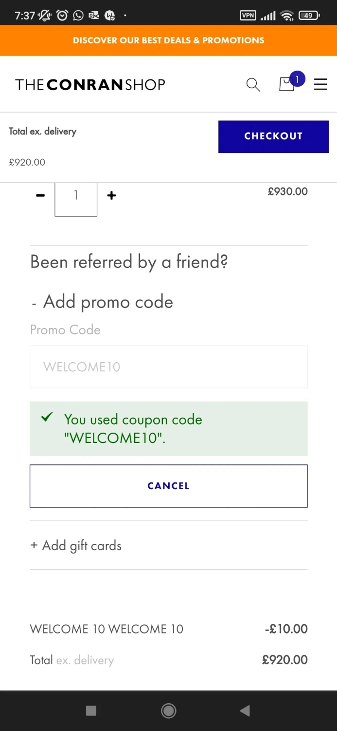 Conran Shop checkout page showing Conran Shop promo code box | Screenshot taken by SimplyCodes community member on May 11, 2023