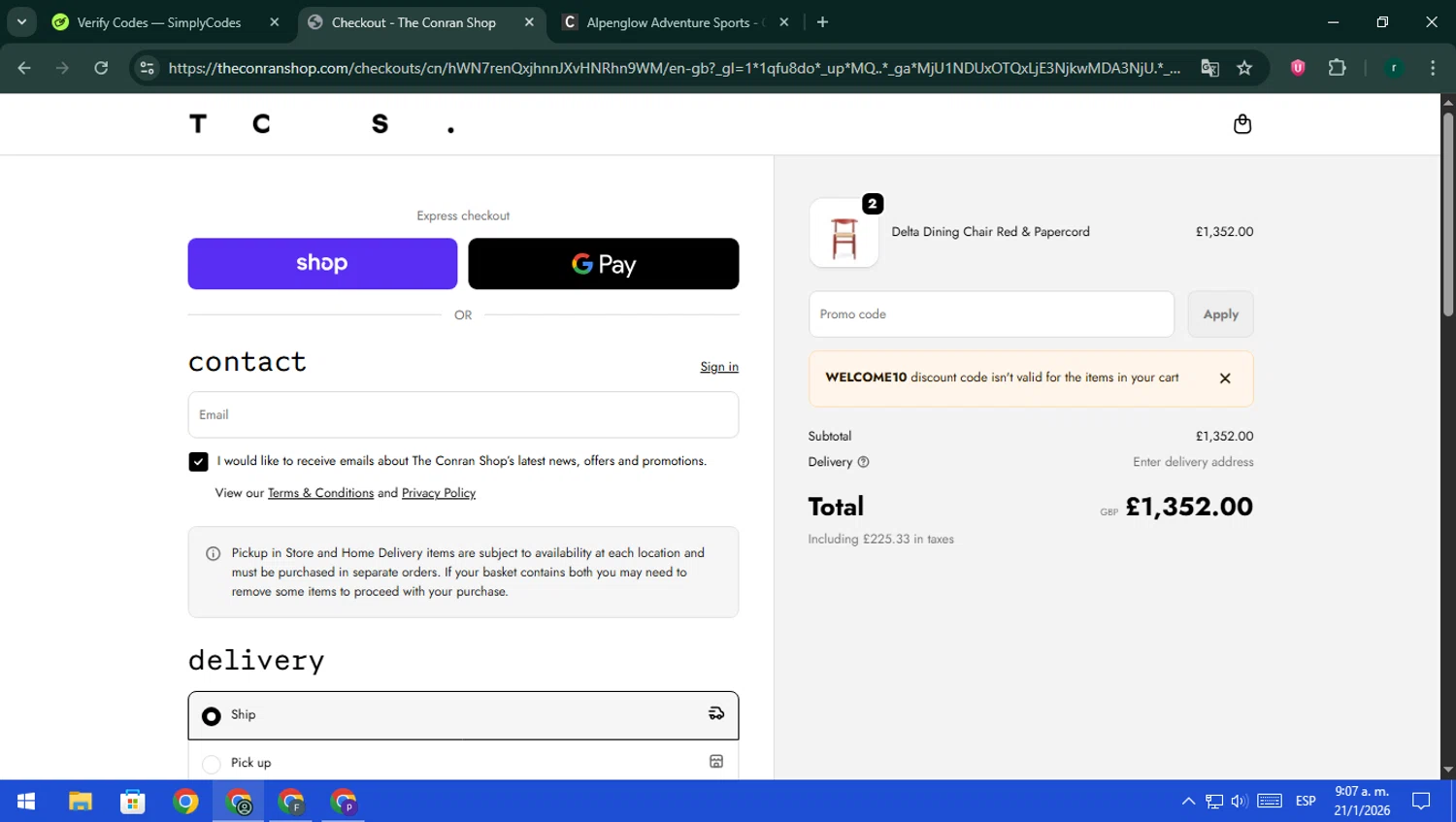 Conran Shop promo code screenshot showing code WELCOME10 applied at Conran Shop checkout page. Uploaded by SimplyCodes community member rodri1 on Jan 21, 2026