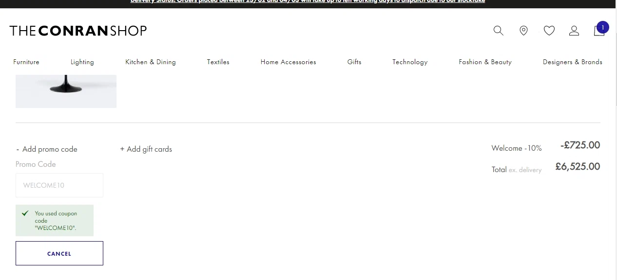 Conran Shop checkout page showing Conran Shop promo code box | Screenshot taken by SimplyCodes community member on Feb 24, 2021