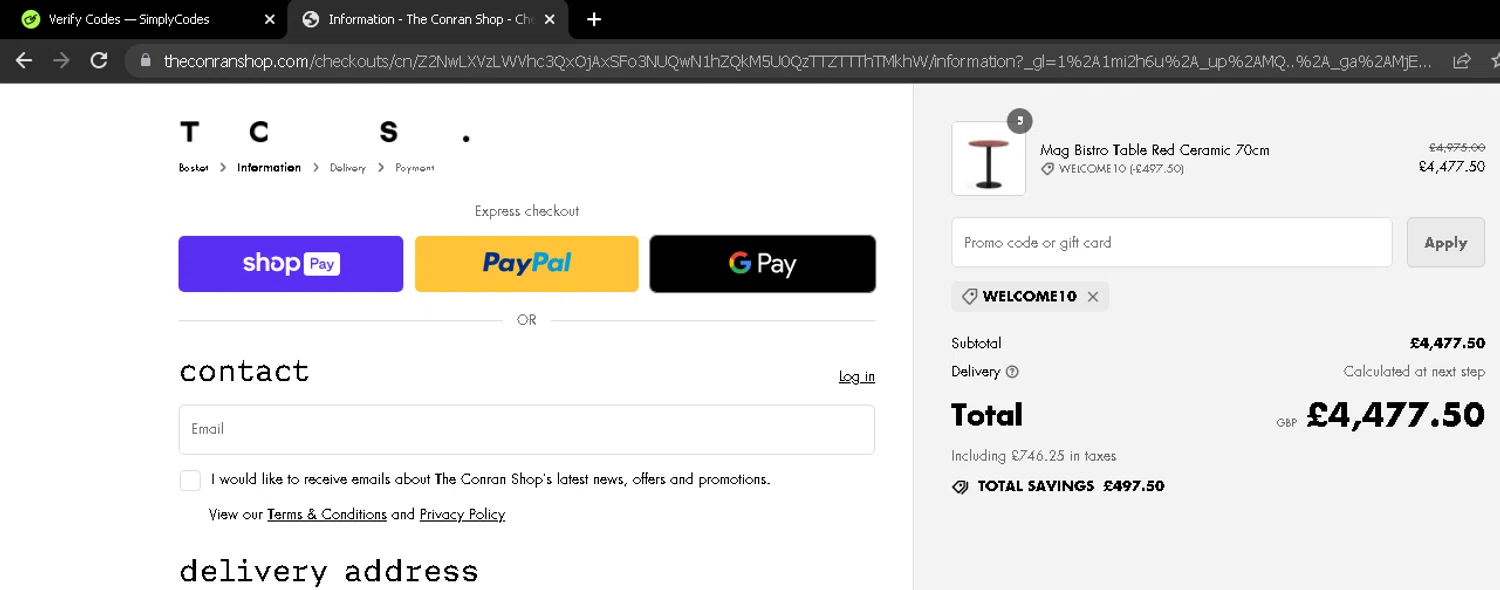 Conran Shop checkout page showing Conran Shop promo code box | Screenshot taken by SimplyCodes community member on May 31, 2024
