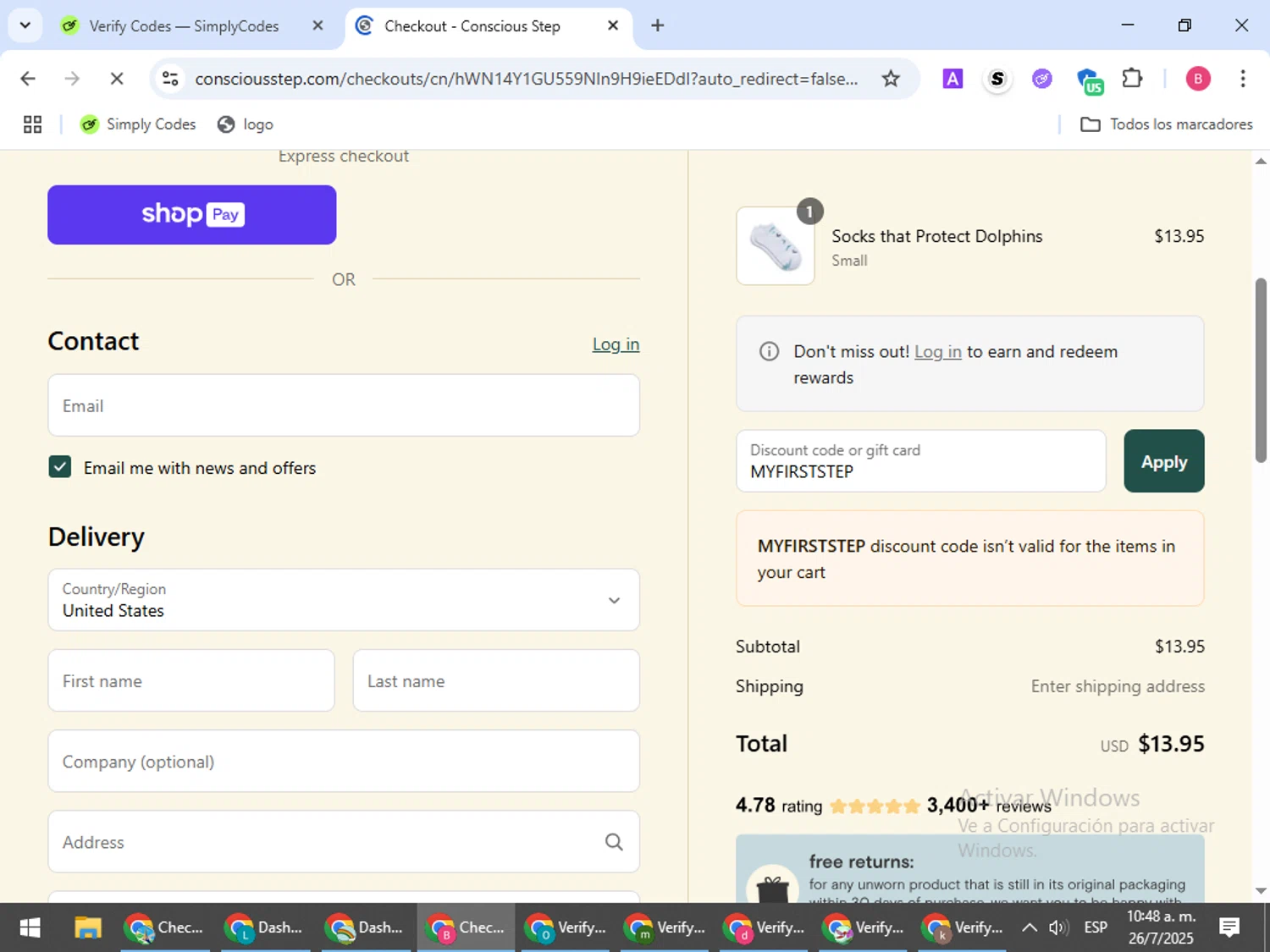 Conscious Step discount code screenshot showing code MYFIRSTSTEP applied at Conscious Step checkout page. Uploaded by SimplyCodes community member bombontropical on Jul 26, 2025